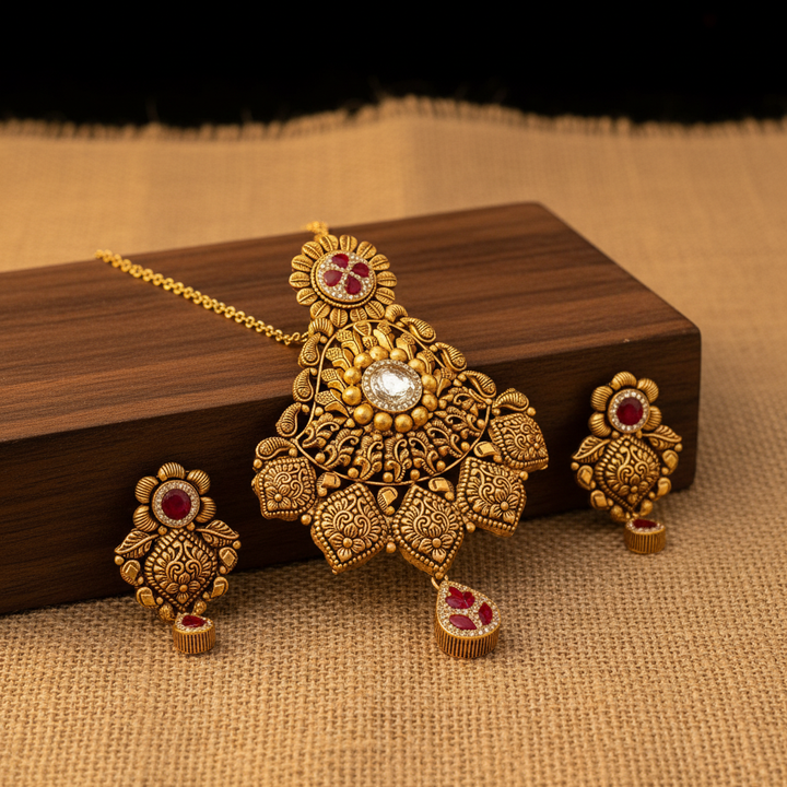 22Kt Antique Gold Lotus Floral Pendant Set - Wooden Block