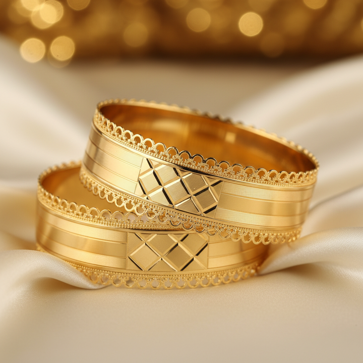 22Kt Wide Gold Bangles on satin fabric