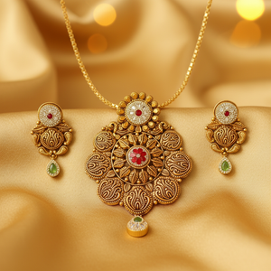 22Kt Antique Gold Paisley Motif Pendant Set - Silk Fabric