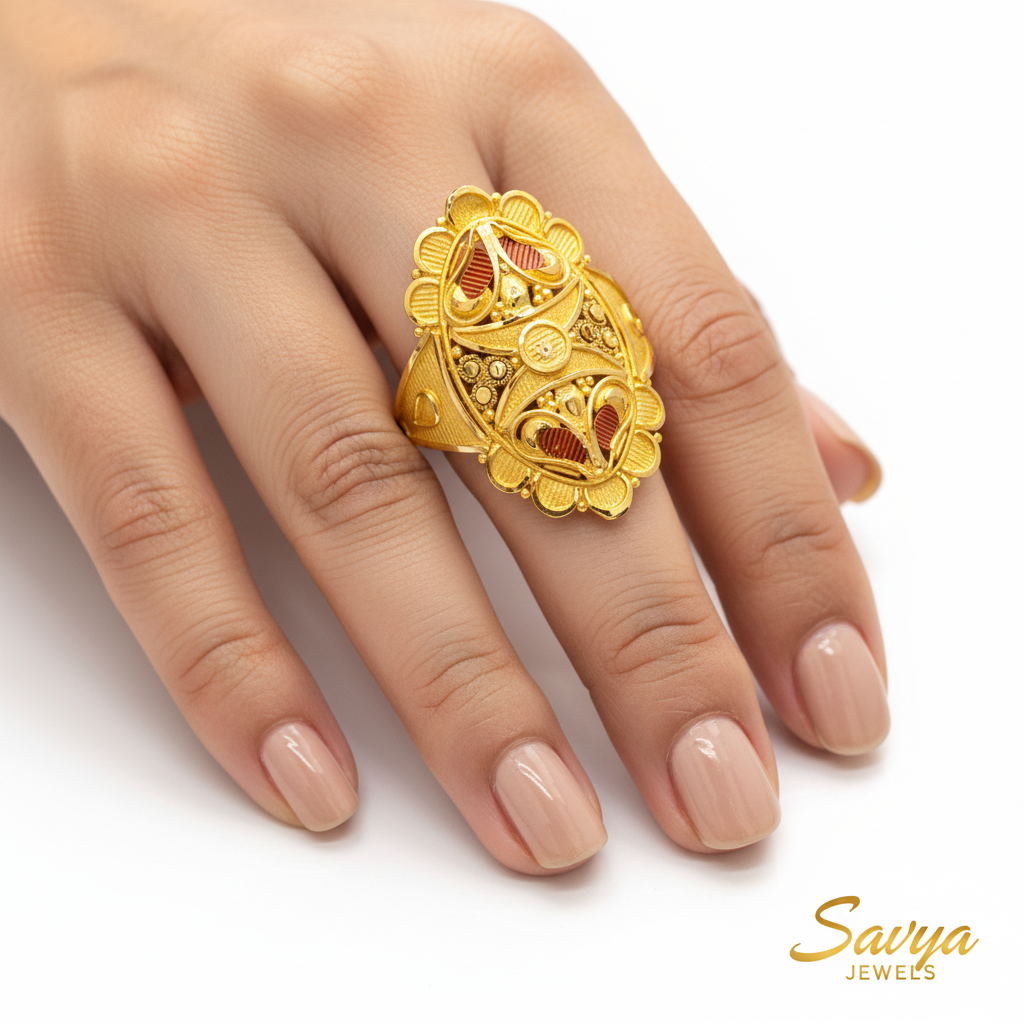 Oval Jali Filigree Gold Ladies Ring - Finger Display