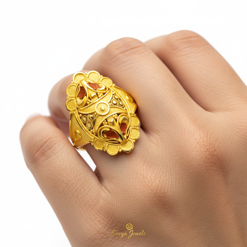 Oval Floral Scroll Enamel Gold Ladies Ring - Finger Display