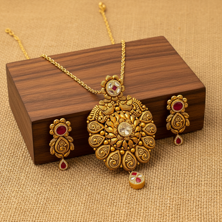 22Kt Antique Gold Peacock Floral Pendant Set - Wooden Block