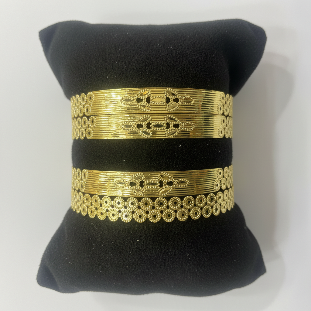 22Kt Wide Floral Coin Disc Gold Bangles on white background