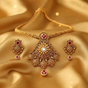 22Kt Antique Gold Lotus Floral Pendant Set - Silk Fabric