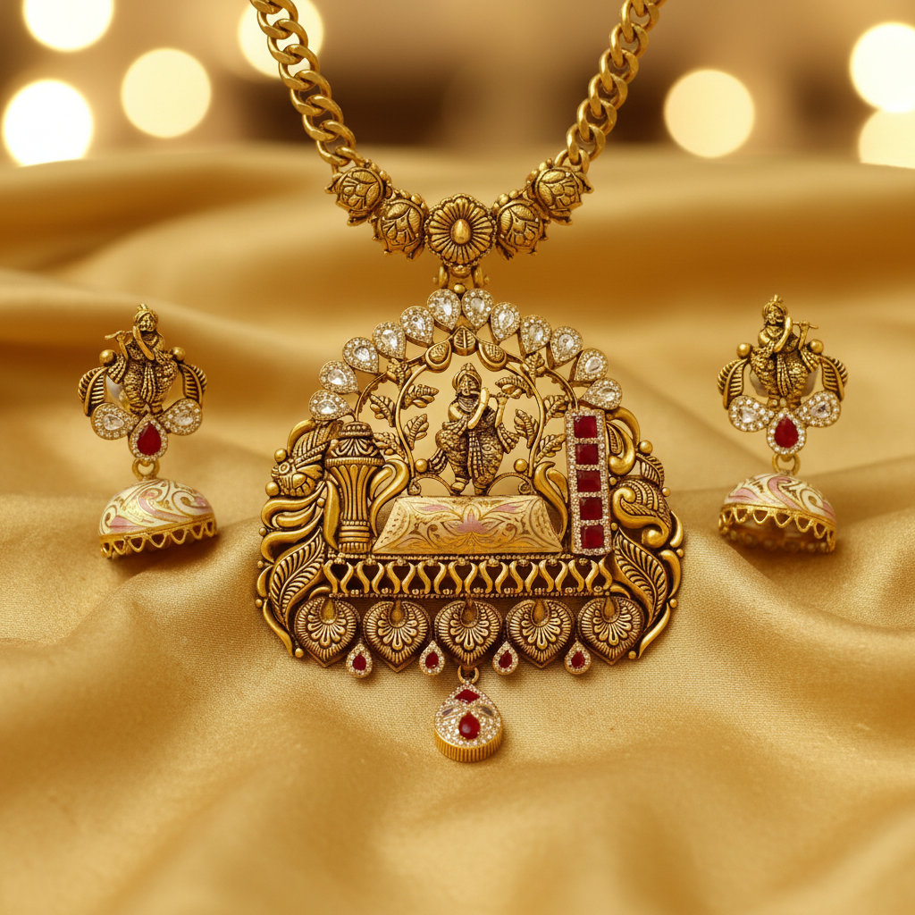22Kt Antique Gold Krishna Temple Pendant Set - Silk Fabric