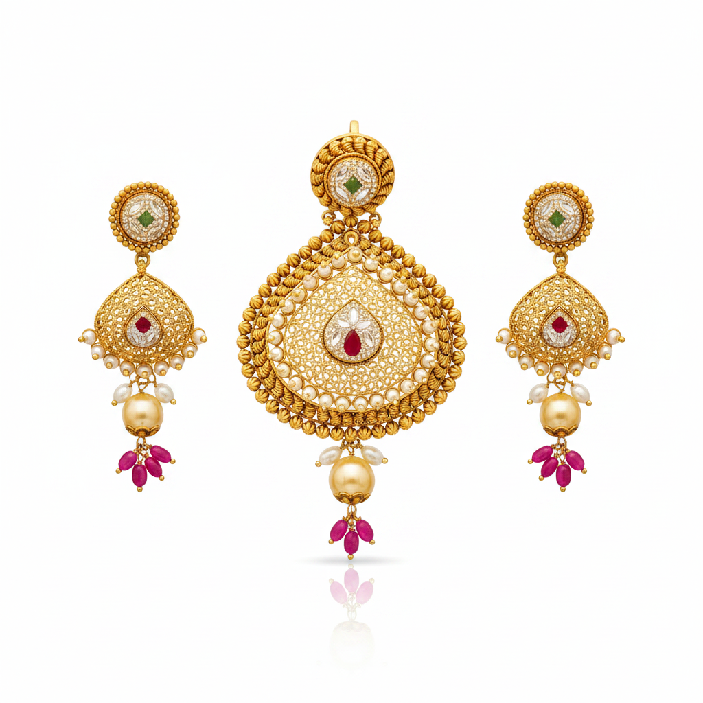 22Kt Antique Gold Filigree Pendant Set - White Background