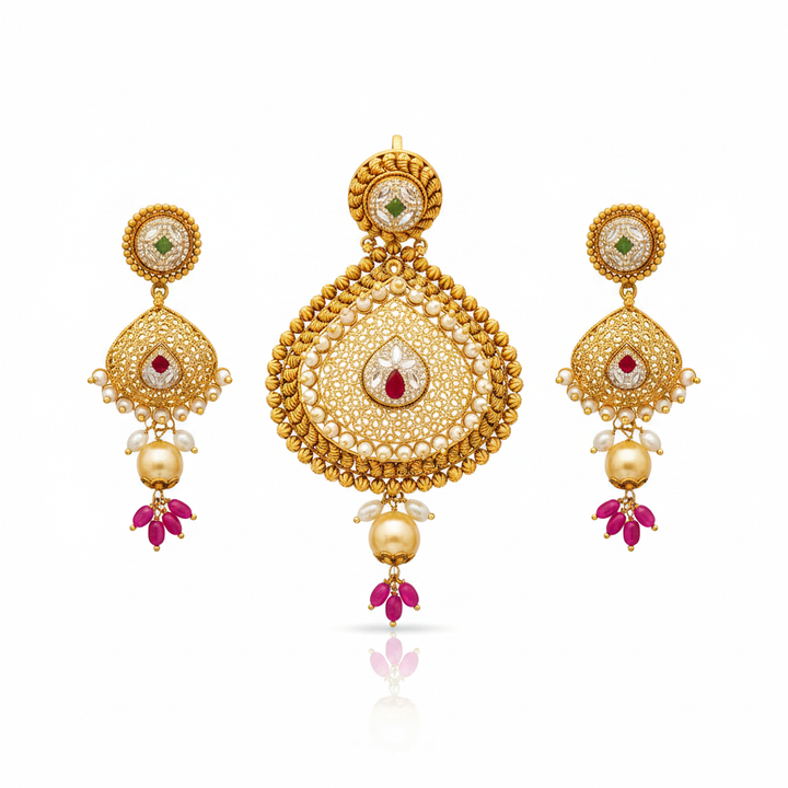 22Kt Antique Gold Filigree Pendant Set - White Background