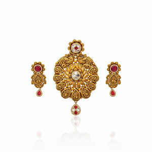 22Kt Antique Gold Peacock Floral Pendant Set - White Background
