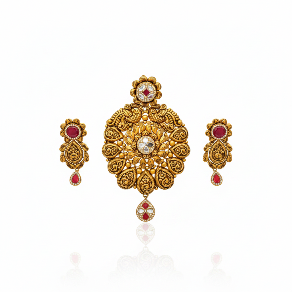 22Kt Antique Gold Peacock Floral Pendant Set - White Background