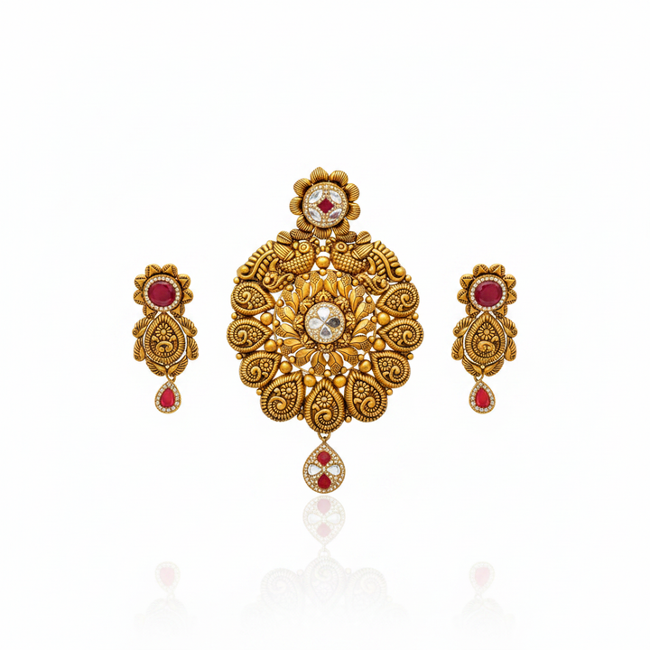 22Kt Antique Gold Peacock Floral Pendant Set - White Background