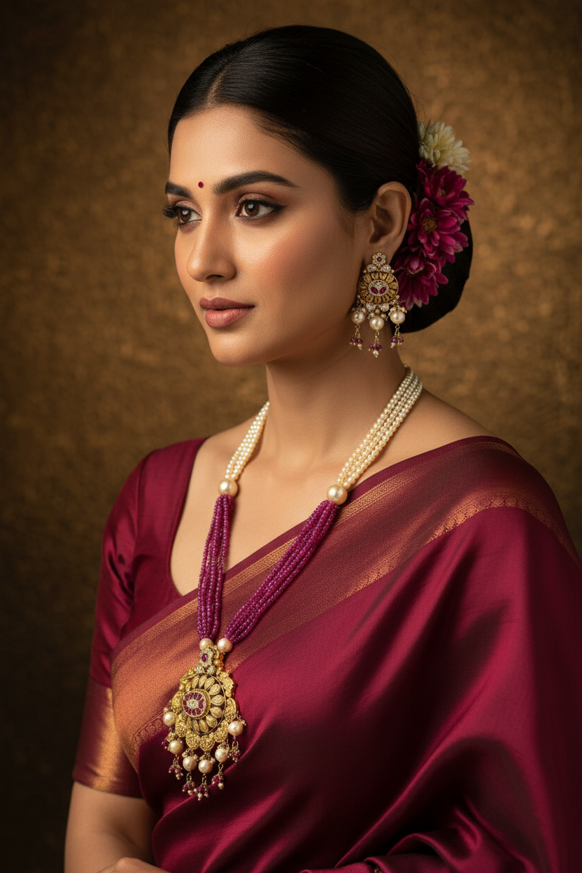 Indian Bride Wearing Antique Filigree Paisley Necklace Set