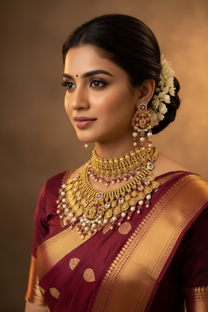 Indian Bride Wearing Antique Ganesha Coin Guttapusalu Grand Choker Set