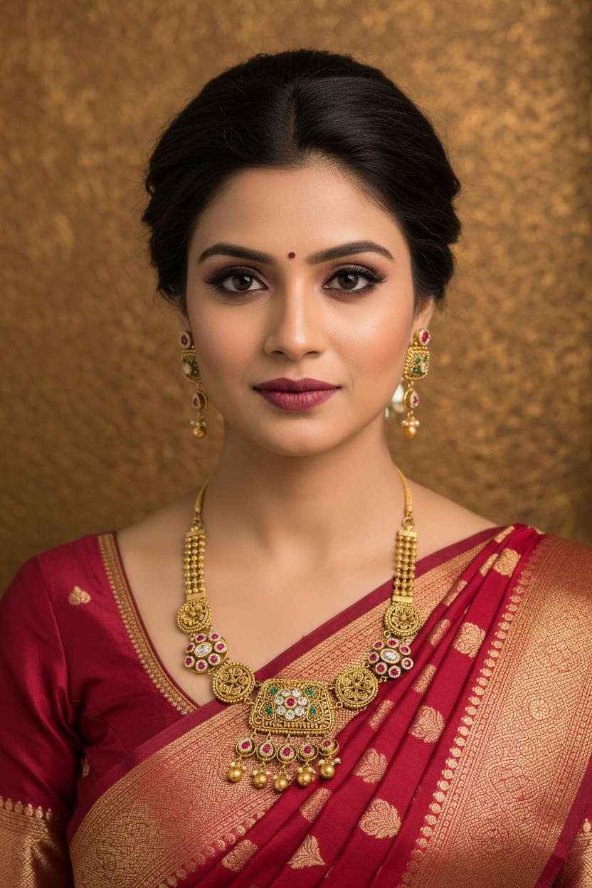 Indian Bride Wearing Antique Gold Polki Necklace Set
