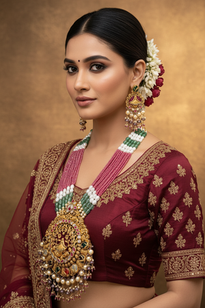 Indian Bride Wearing Antique Lakshmi Meenakari Grand Necklace Set