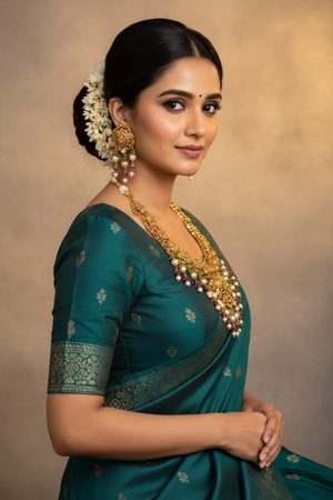 Indian Bride Wearing Antique Peacock Floral Grand Choker Set