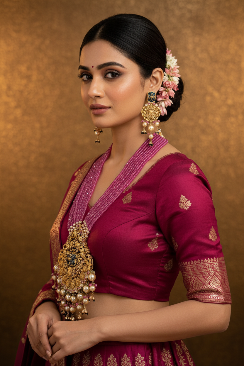Indian Bride Wearing Antique Peacock Meenakari Grand Necklace Set