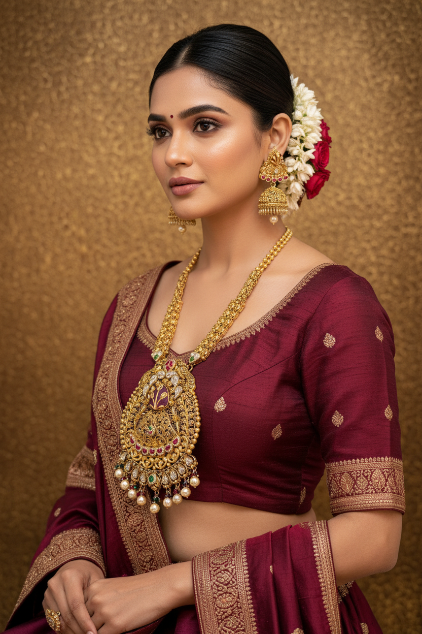 Indian Bride Wearing Antique Peacock Meenakari Long Necklace Set