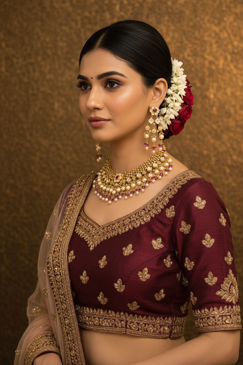 Indian Bride Wearing Antique Polki Kundan Guttapusalu Choker Set