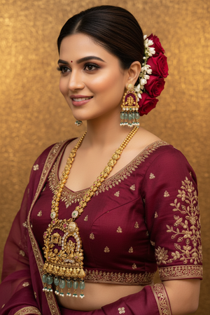 Indian Bride Wearing Antique Radha Krishna Temple Long Necklace Set