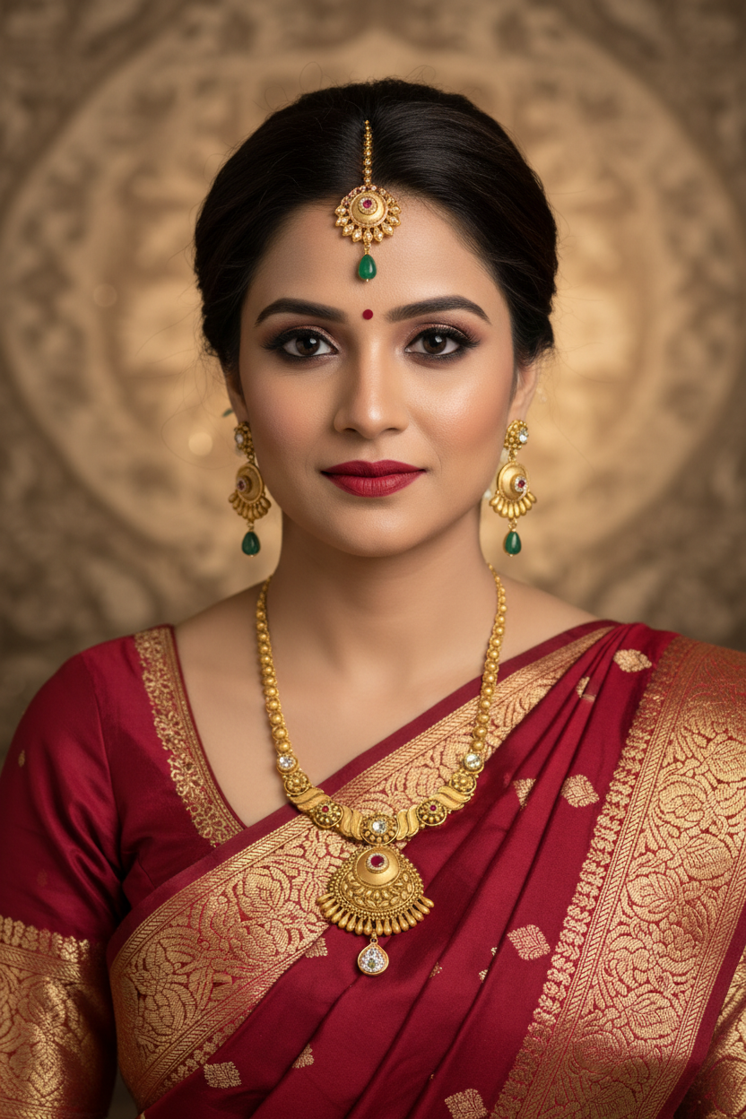 Indian Bride Wearing Antique Sunburst Necklace Set