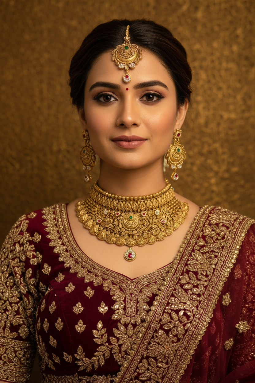 Indian Bride Wearing Broad Rajwadi Multi-Layer Choker