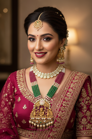 Indian Bride Wearing Krishna Temple Necklace Set