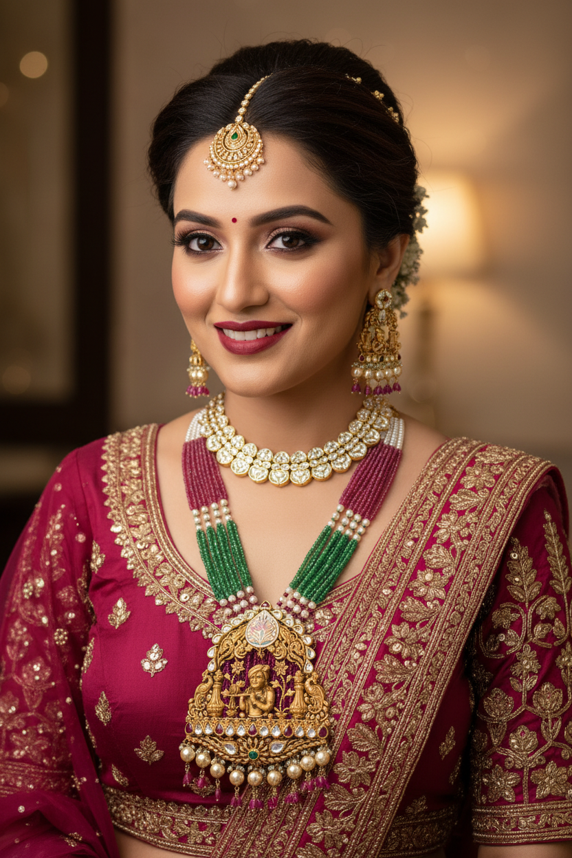 Indian Bride Wearing Krishna Temple Necklace Set