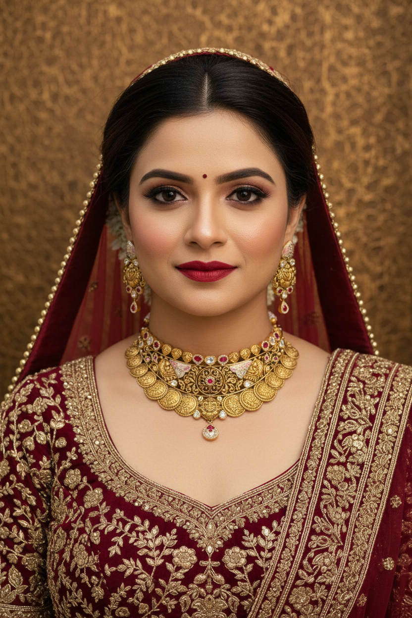 Indian Bride Wearing Lakshmi Coin Layered Choker