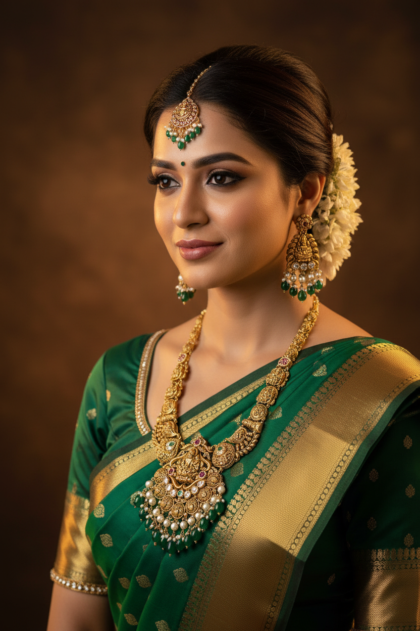 Indian Bride Wearing Lakshmi Coin Temple Necklace