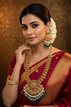 Indian Bride Wearing Lakshmi Elephant Temple Necklace