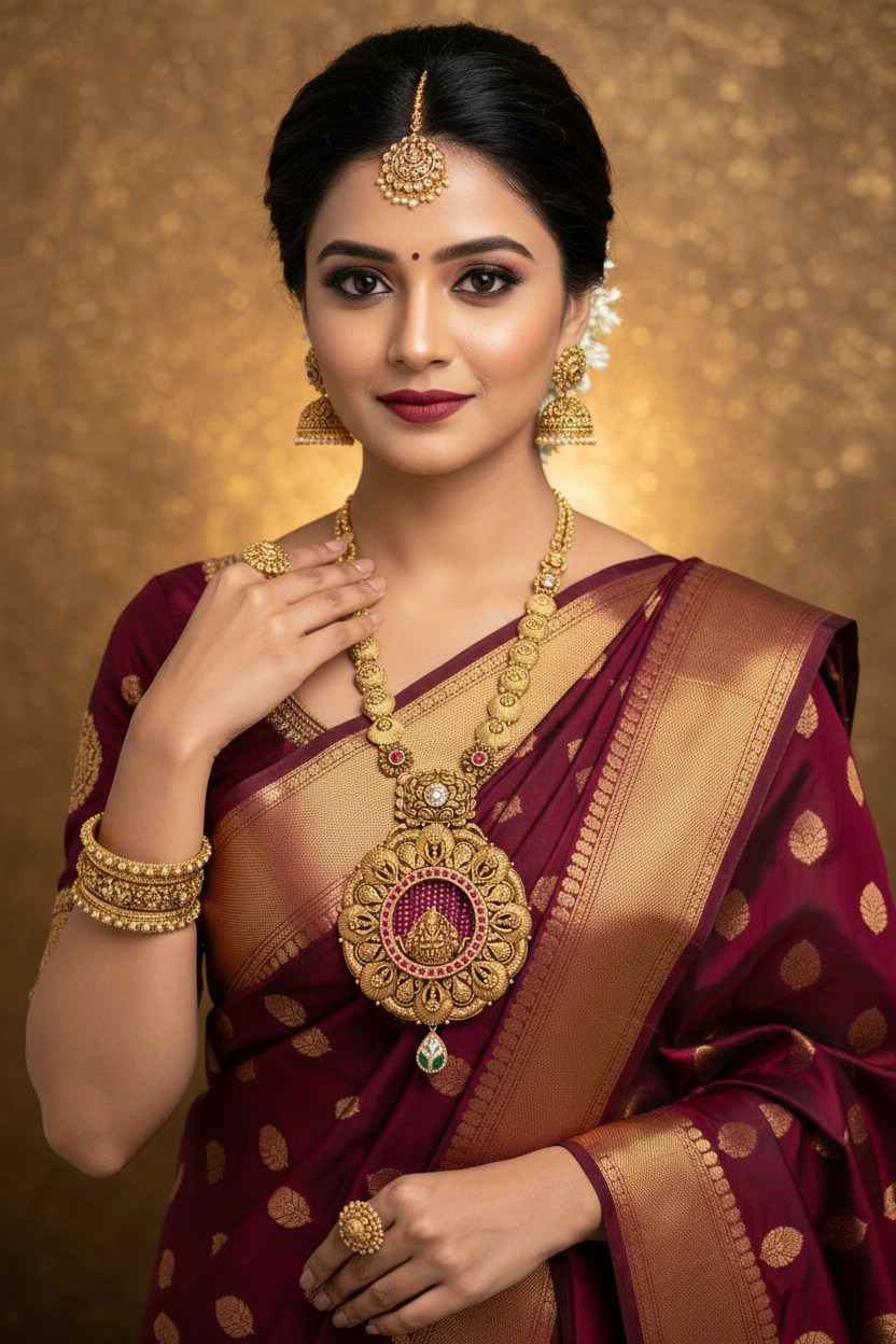 Indian Bride Wearing Lakshmi Long Necklace Set