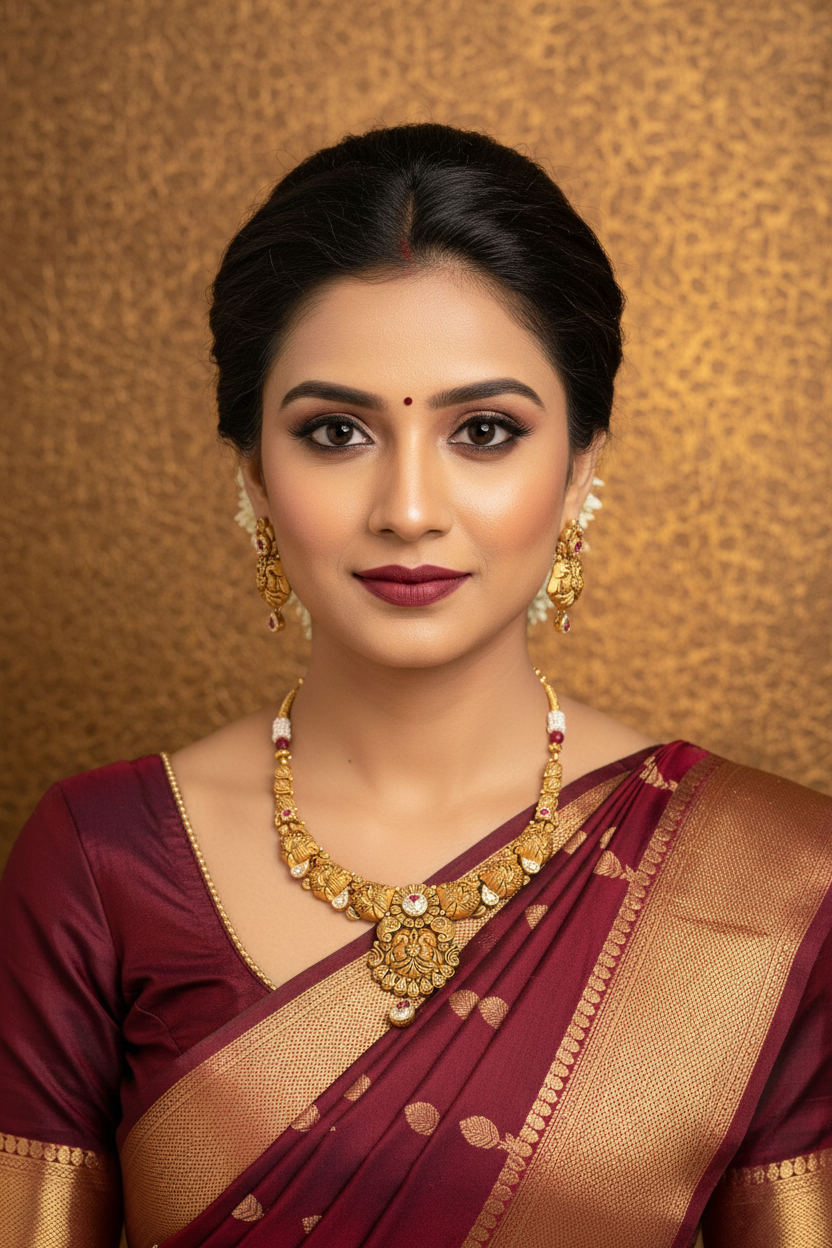 Indian Bride Wearing Lakshmi Peacock Temple Choker