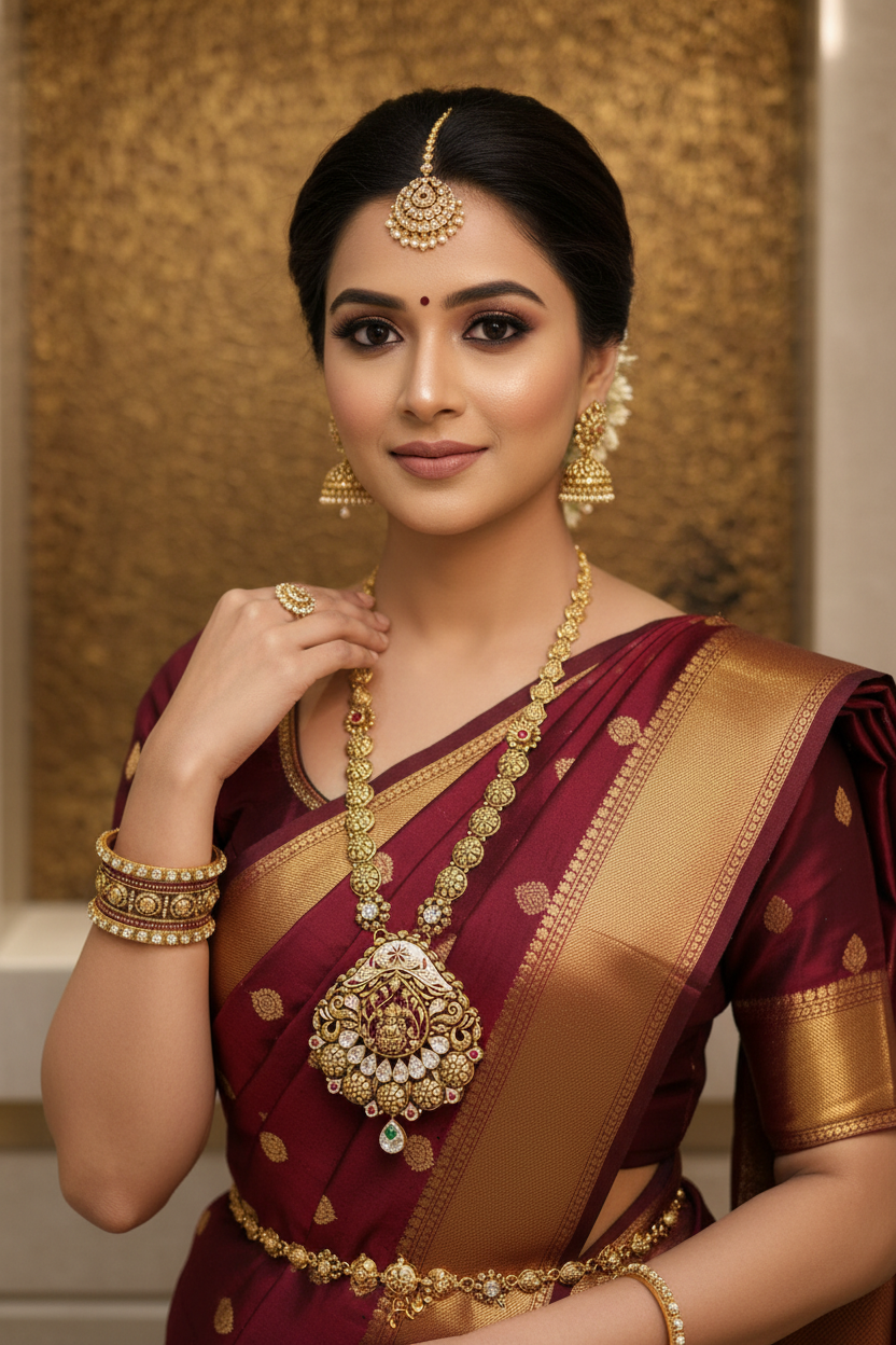 Indian Bride Wearing Lakshmi Peacock Temple Necklace