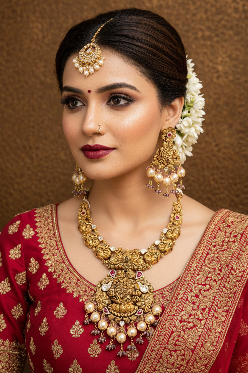 Indian Bride Wearing Lakshmi Temple Necklace Set