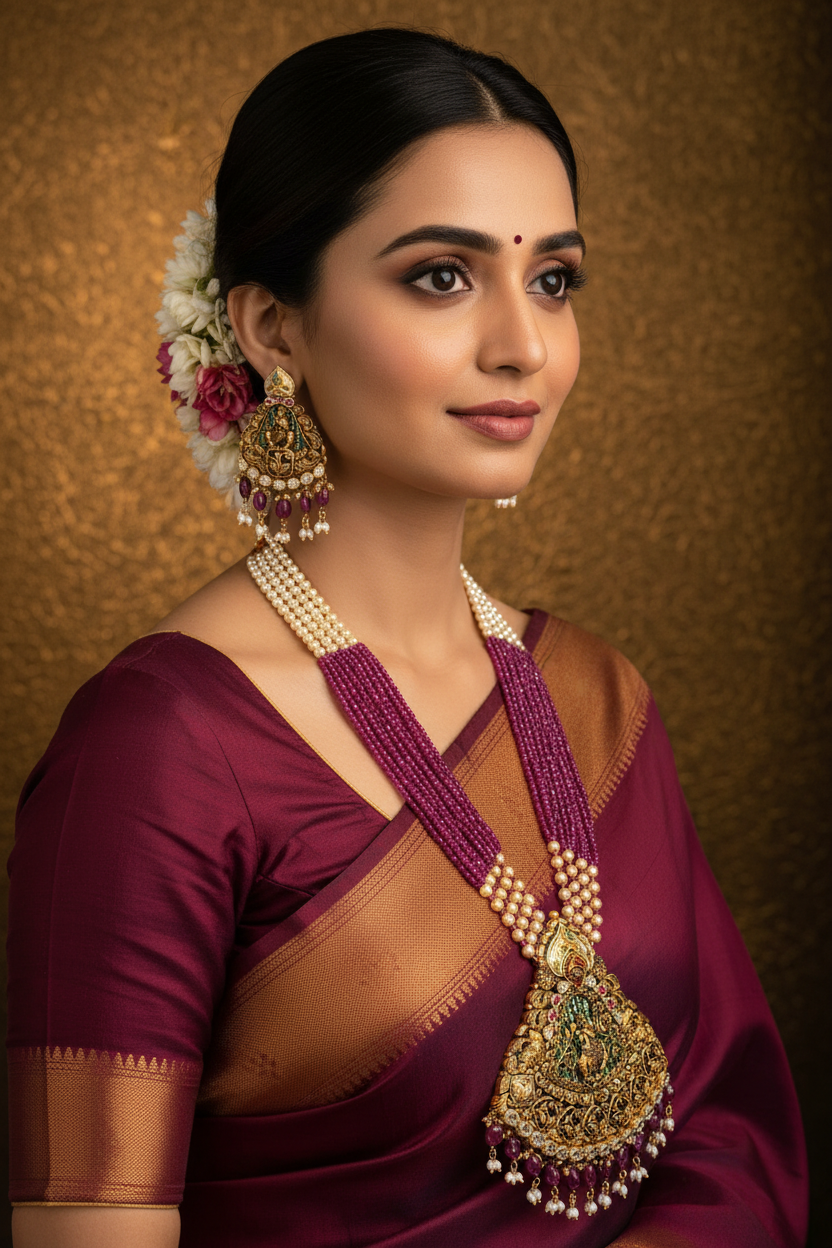 Indian Bride Wearing Lakshmi Temple Necklace Set