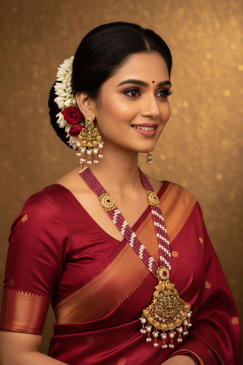 Indian Bride Wearing Lakshmi Temple Necklace Set