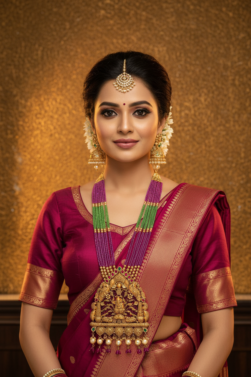 Indian Bride Wearing Radha Krishna Temple Necklace