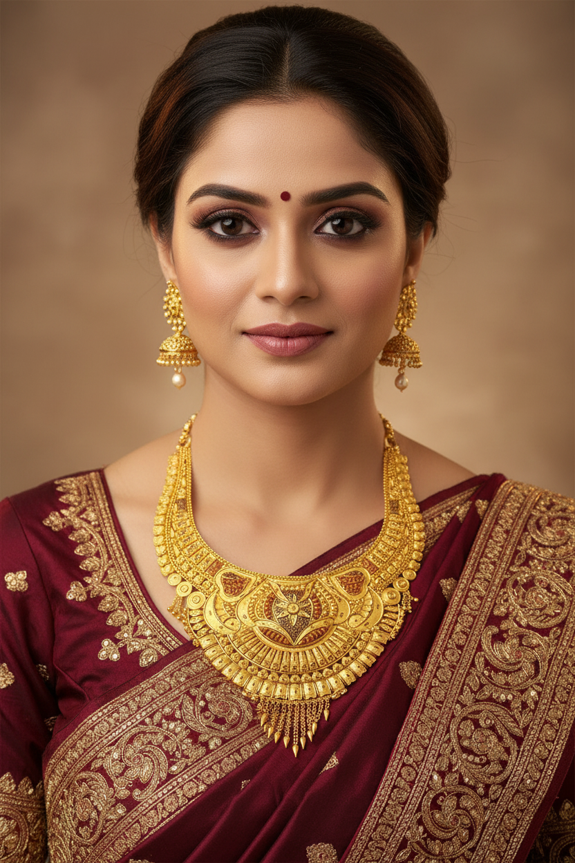 Indian Bride Wearing Rajwadi Crescent Bib Necklace