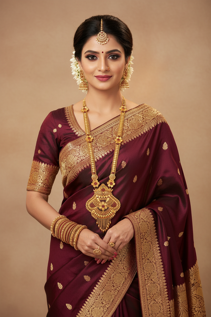 Indian Bride Wearing Rajwadi Long Haar Necklace