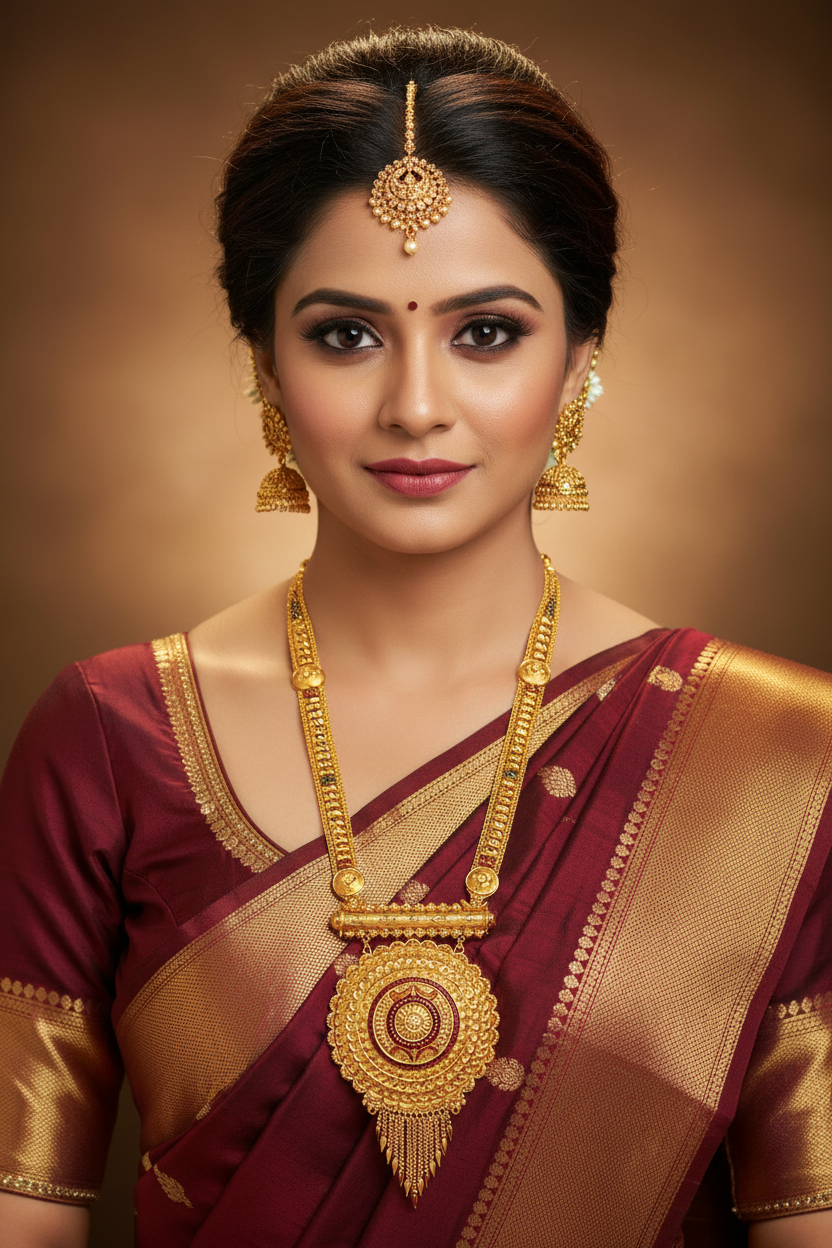 Indian Bride Wearing Rajwadi Long Haar Shield Pendant