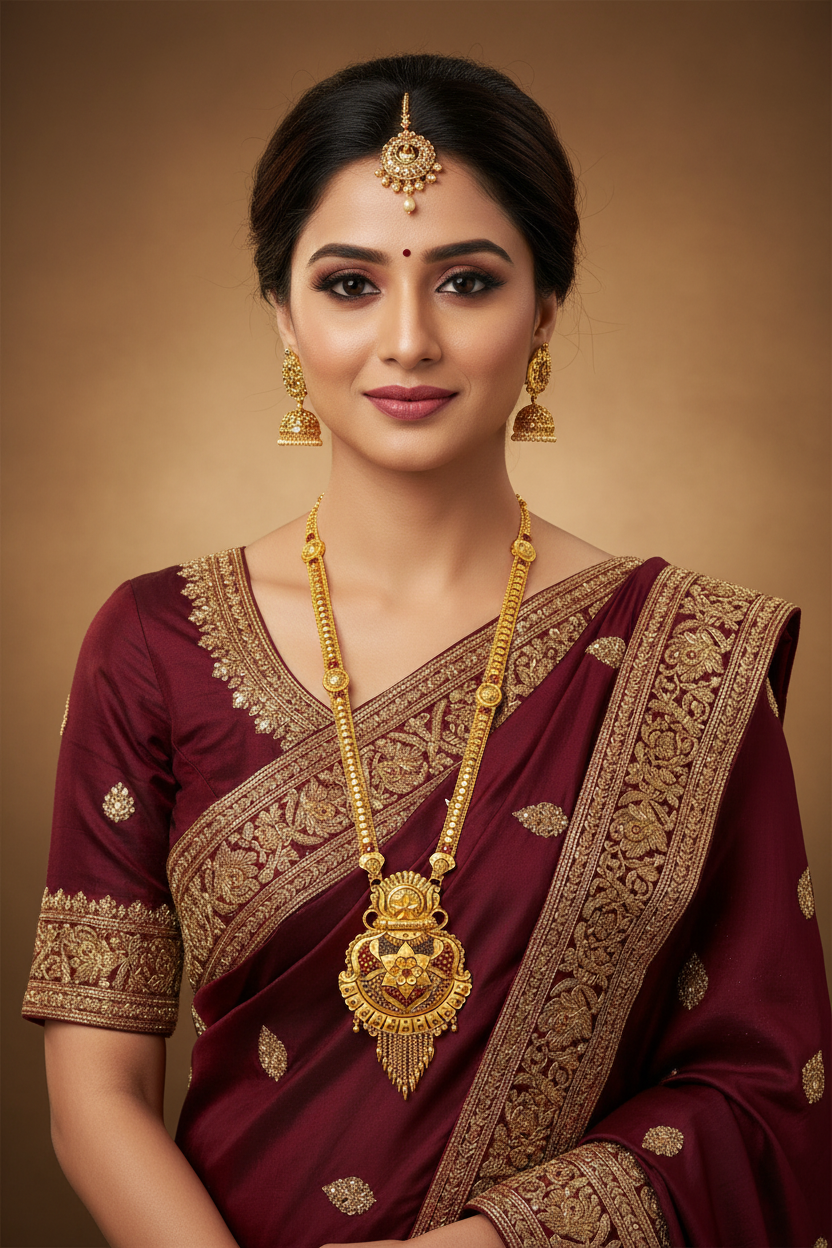 Indian Bride Wearing Rajwadi Long Haar Shield Sunburst Pendant