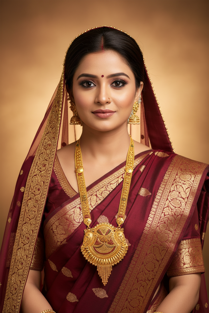 Indian Bride Wearing Rajwadi Long Haar Twin Peacock Disc Pendant