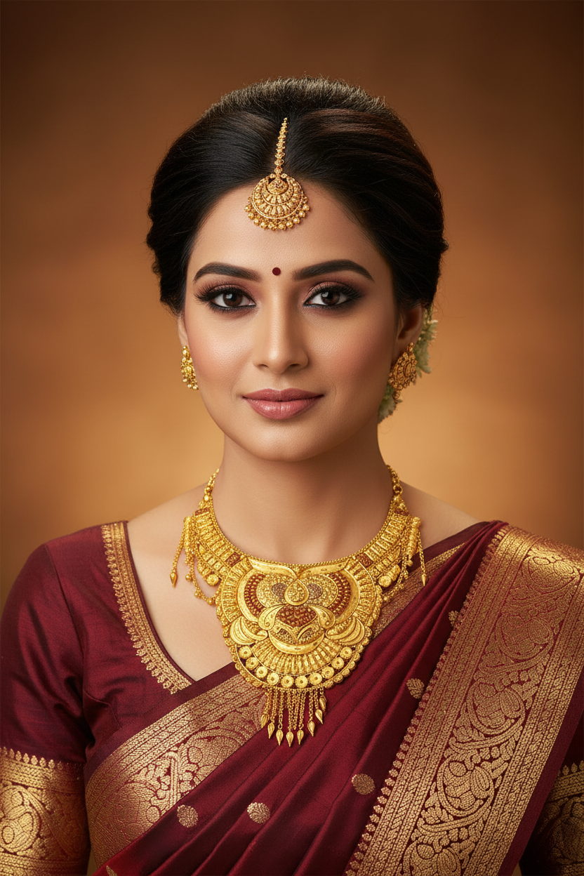 Indian Bride Wearing Rajwadi Lotus Bridal Necklace