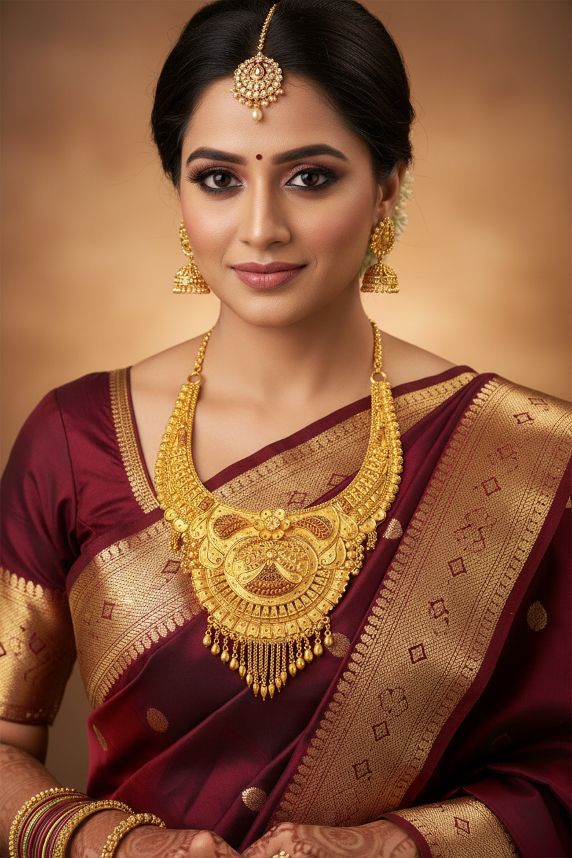 Indian Bride Wearing Rajwadi Peacock Necklace