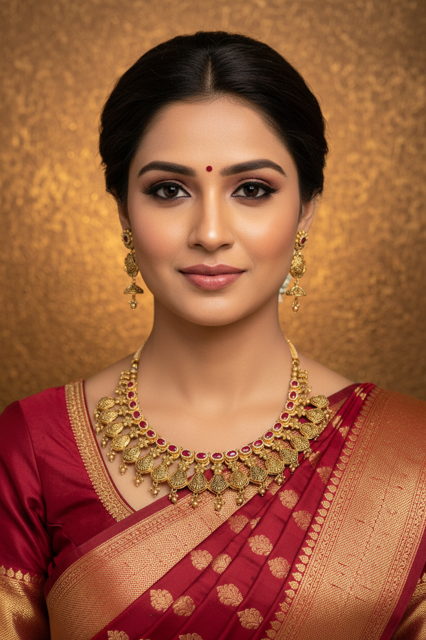 Indian Bride Wearing Ruby Guttapusalu Choker Set