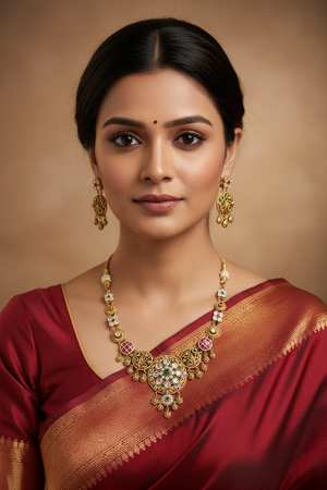 Indian Woman Wearing Antique Meenakari Floral Disc Necklace Set