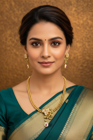 Indian Woman Wearing Gold Floral Necklace Set