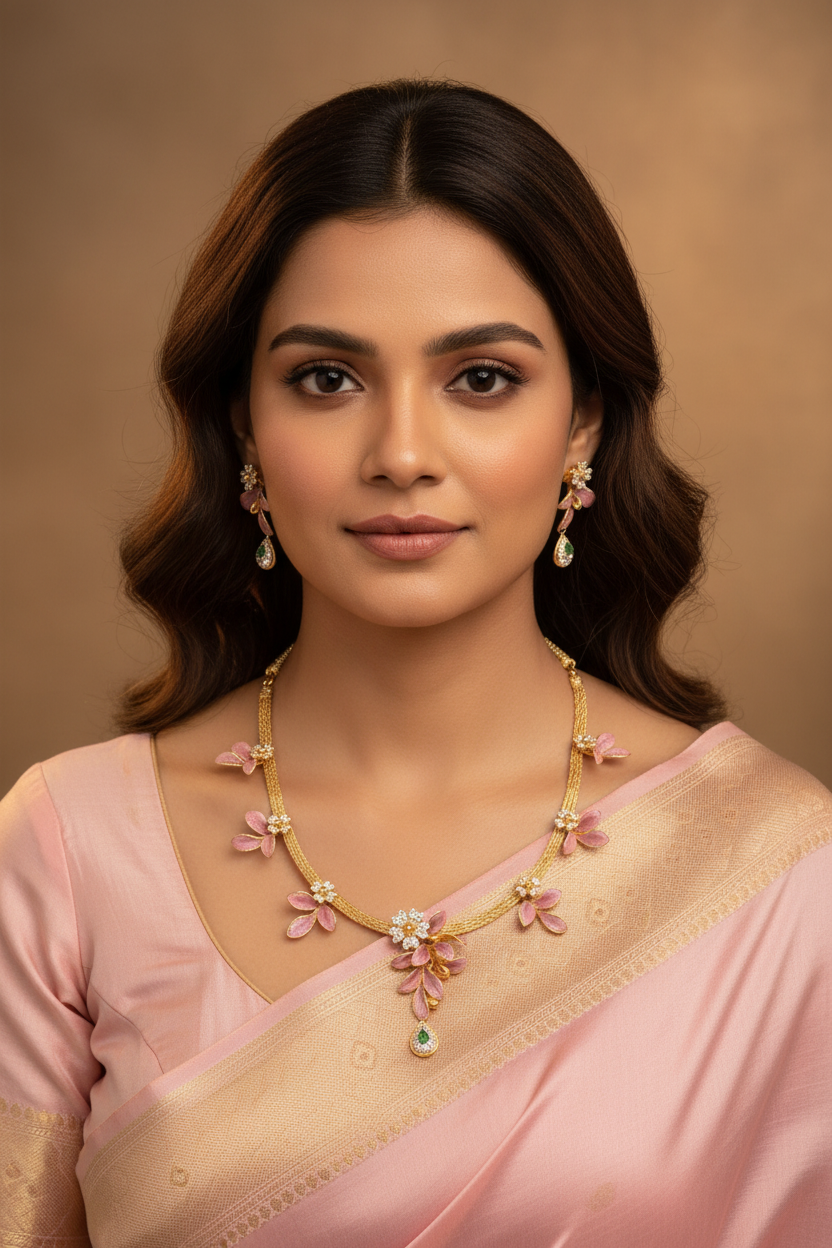 Indian Woman Wearing Pink Enamel Floral Necklace Set