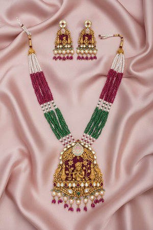 Krishna Temple Necklace Set on Pink Satin