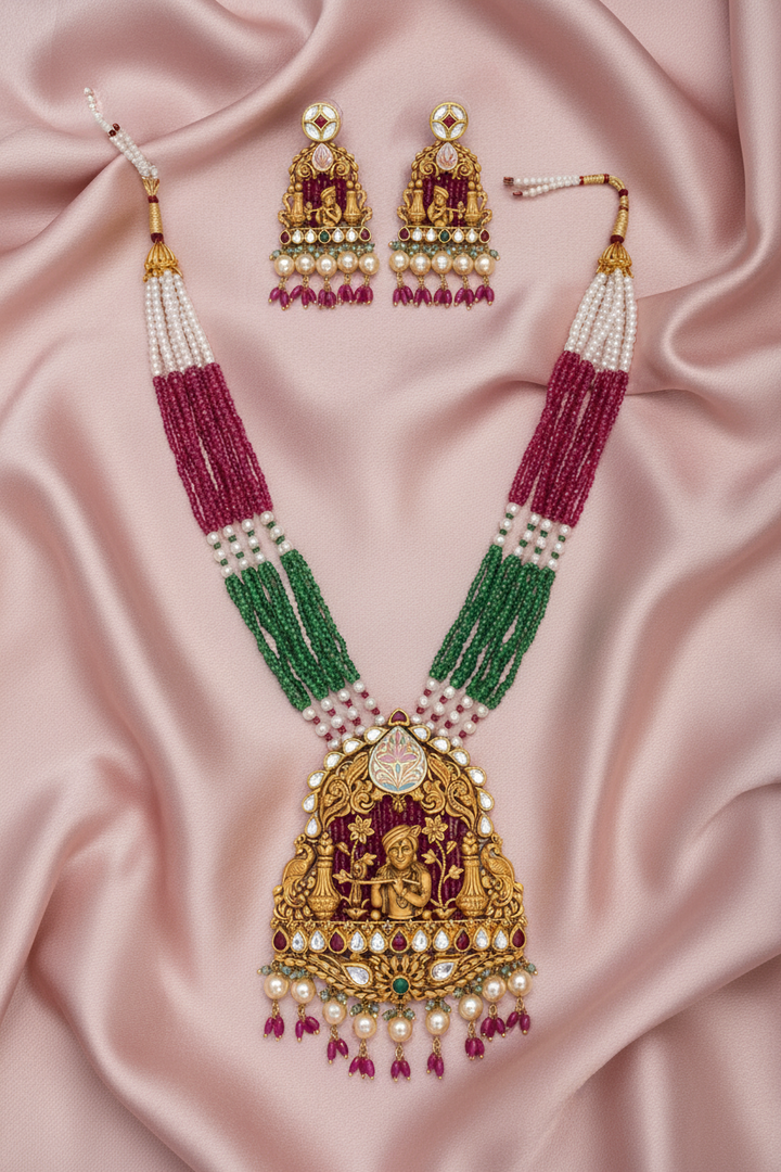 Krishna Temple Necklace Set on Pink Satin